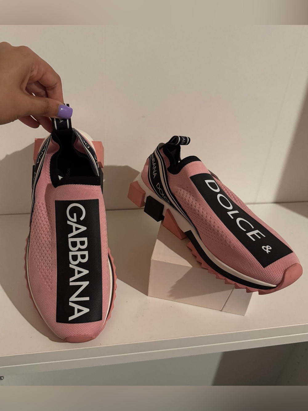 Dolce & Gabbana Pink and Black Slip-On Knit Sneakers for Women